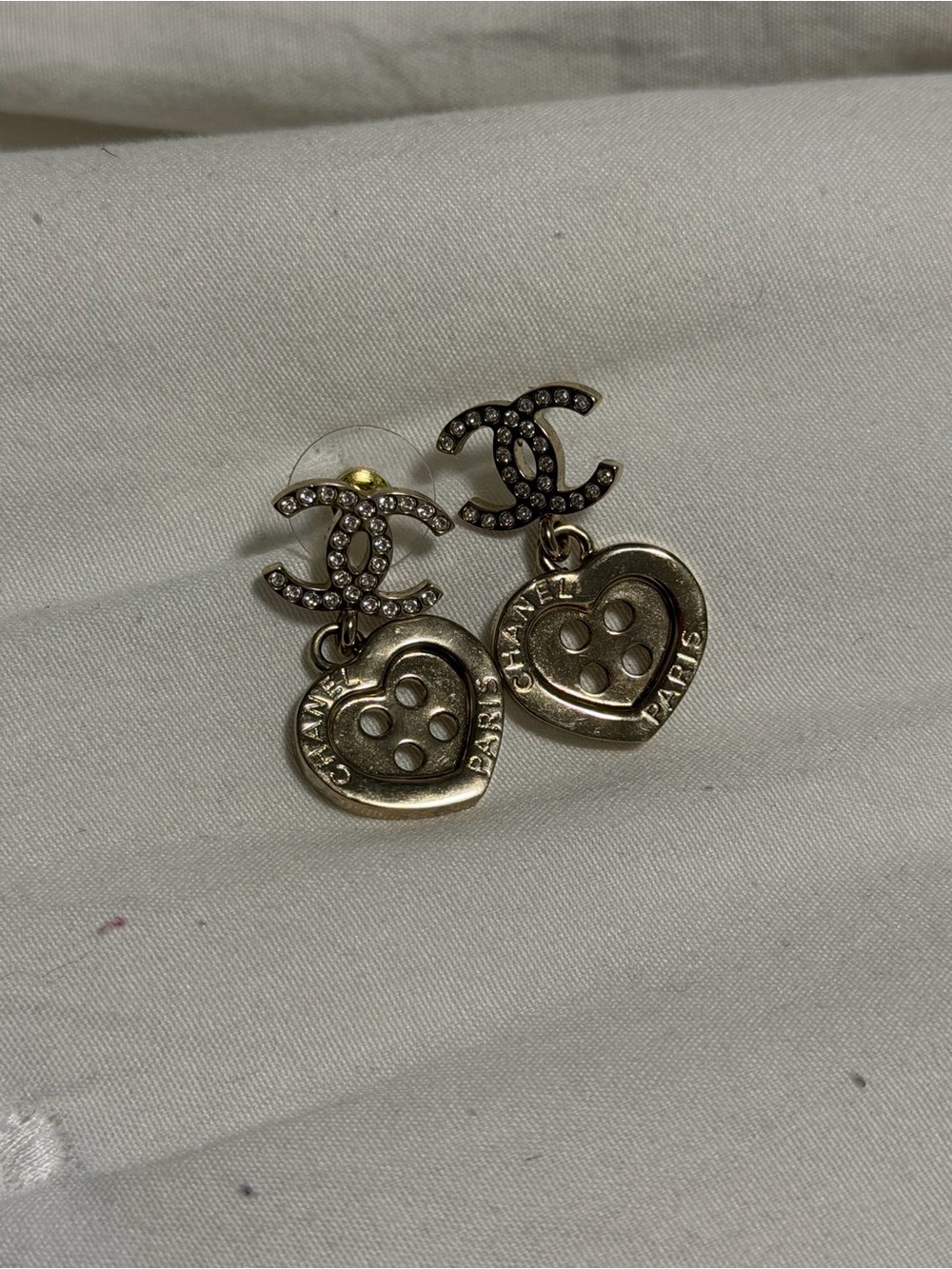 CHANEL Gold Tone Crystal CC Heart Button Drop Earrings